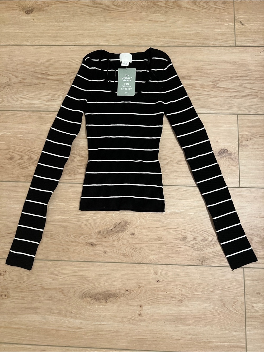 H&M Black Ribbed Long-Sleeve Top with White Stripes
